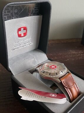 NWT Wenger Men’s Watch - Brown Leather Strap with Red Swiss Army Style Cross